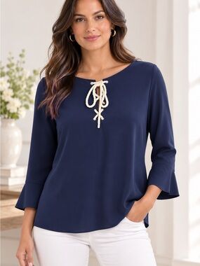 Tommy Hilfiger Blue Lace-Up Back Bell Sleeve Blouse Top Size Small S